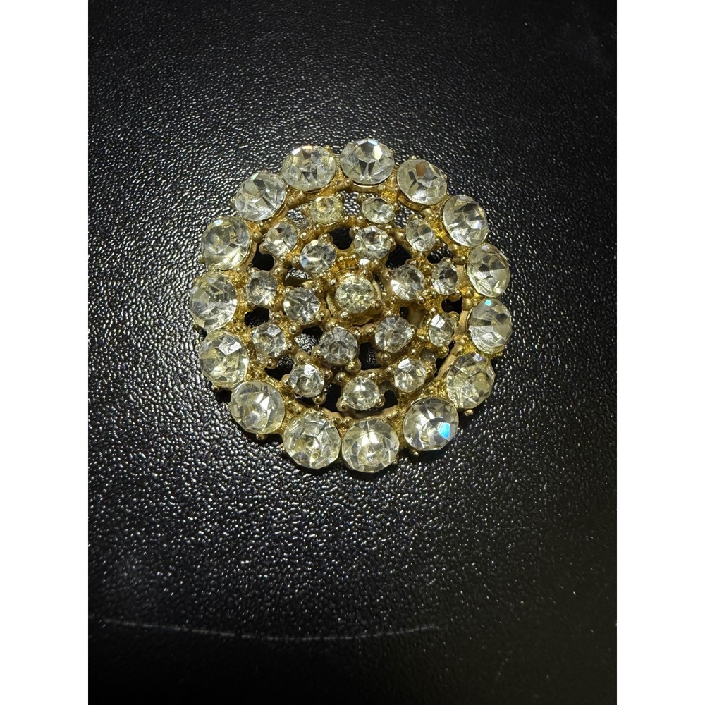 Vintage Gold Tone Clear Rhinestone Round Sunburst Tiered‎ Brooch Pin 1.5 Inch
